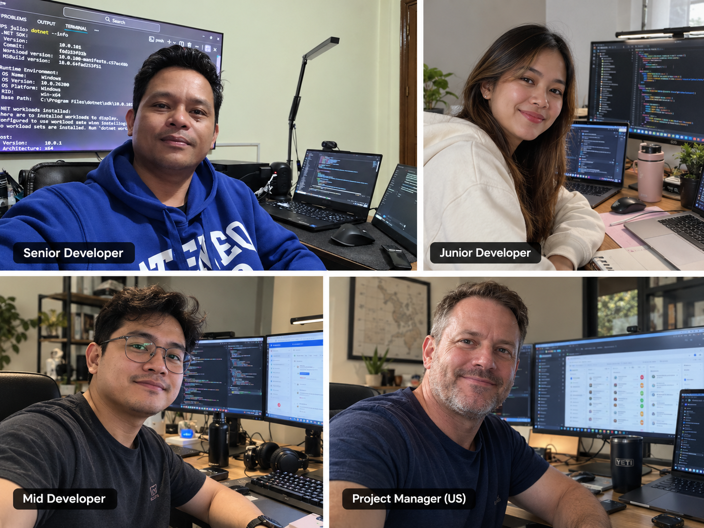 Remote team collage: senior developer, junior developer, mid developer, and US project manager working from home